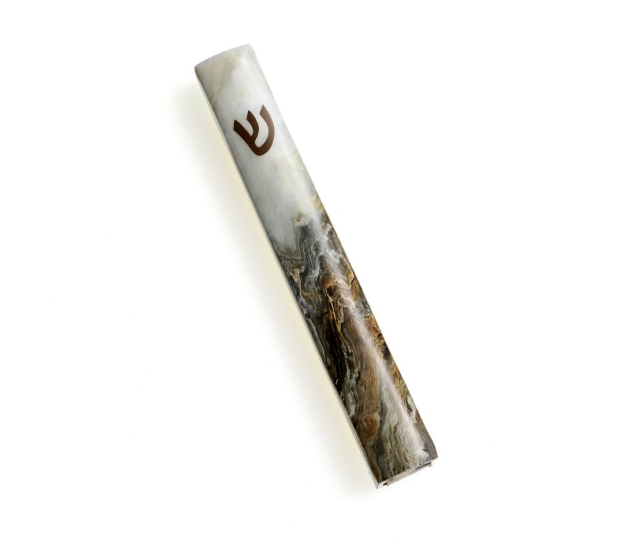 Marble Mezuzah Case, Gray & Amber with Gold Shin – For 12 or 15 cm Scroll