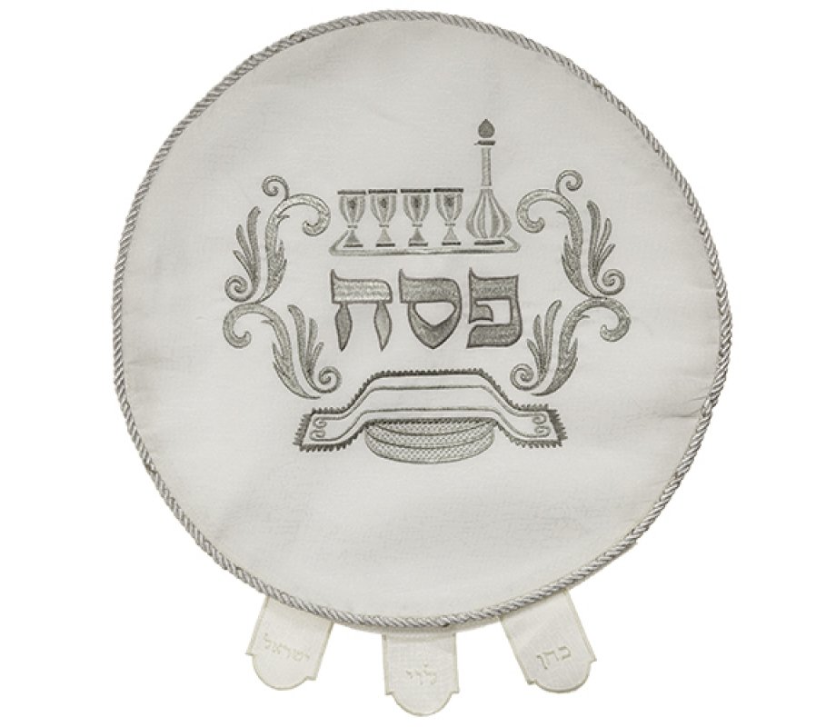 Matzah Cover - Gleaming Decorative Silver Embroidery of Matzahs and Wine Cups