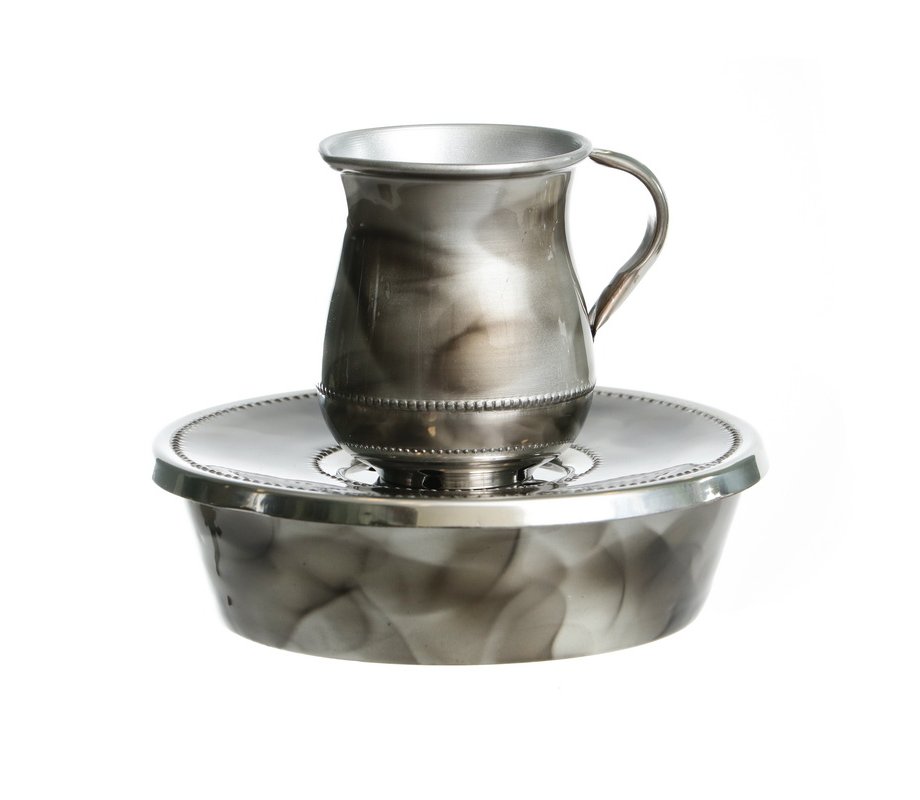 Mayim Achronim 3 Piece Set, Jug, Bowl and Lid in Black and Gray Marble Shades