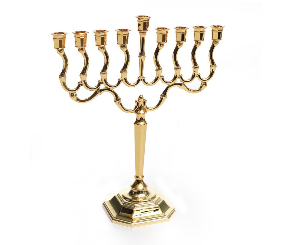 Medium Size Gold Color Contemporary Chanukah Menorah with Matching Base