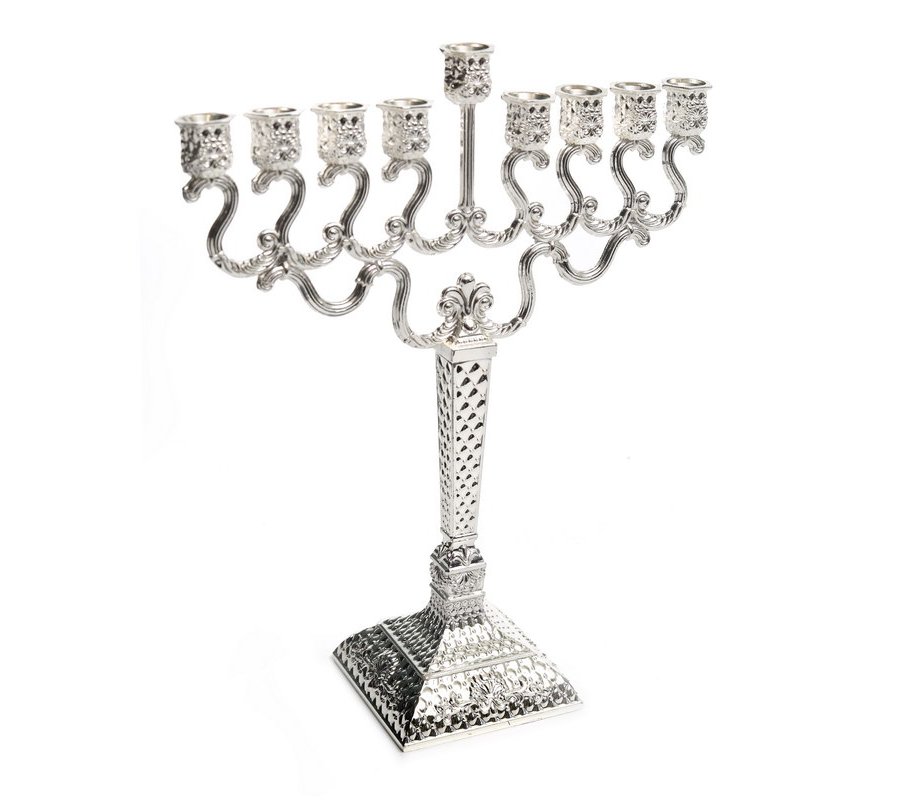 Medium Size Silver Plated Diamond Design Chanukah Menorah with Matching Base