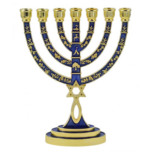 Messianic Seal Gold Tone Seven Branch Menorah Grafted Star of David - Dark Blue