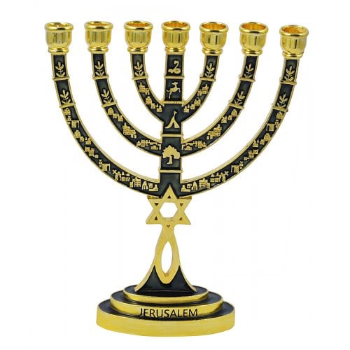 Messianic Seal Gold Tone Seven Branch Menorah Grafted Star of David - Green