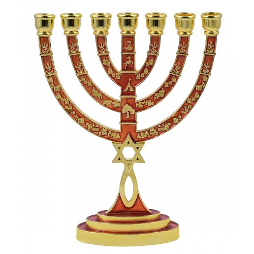 Messianic Seal Gold Tone Seven Branch Menorah Grafted Star of David - Red
