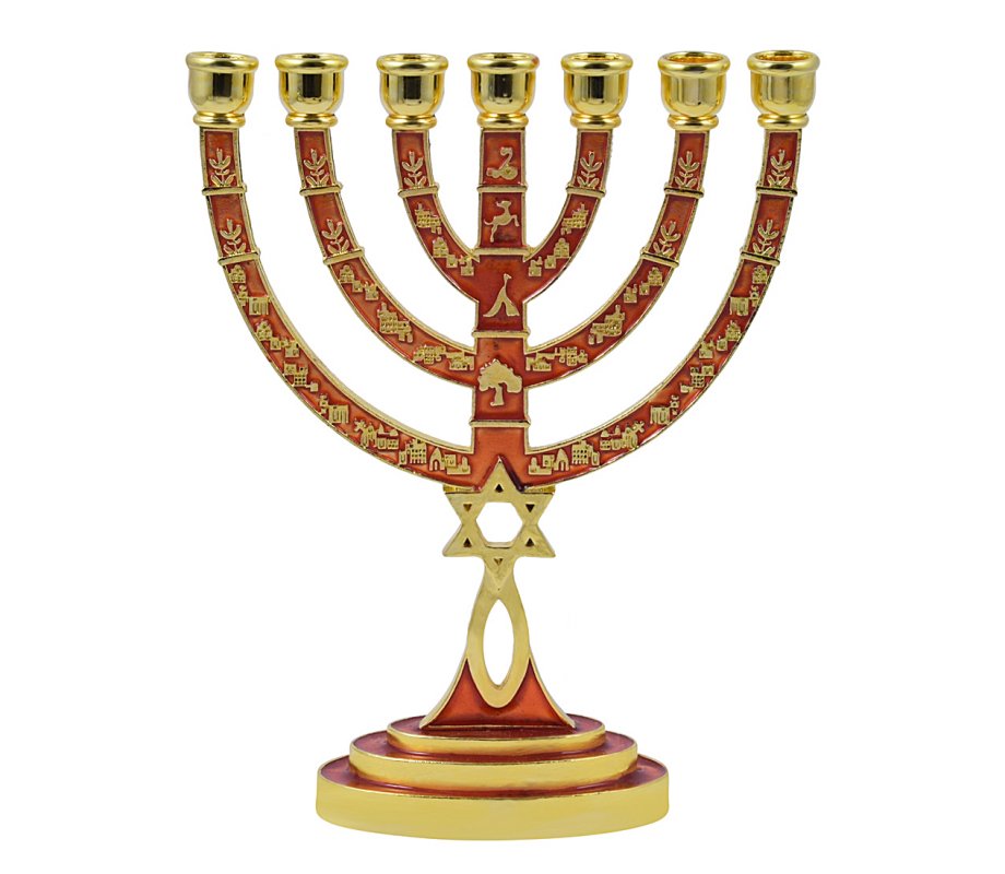 Messianic Seal Gold Tone Seven Branch Menorah Grafted Star of David - Red