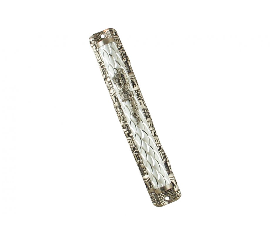 Metal Mezuzah Case with Diamond Design and Jerusalem Images Frame