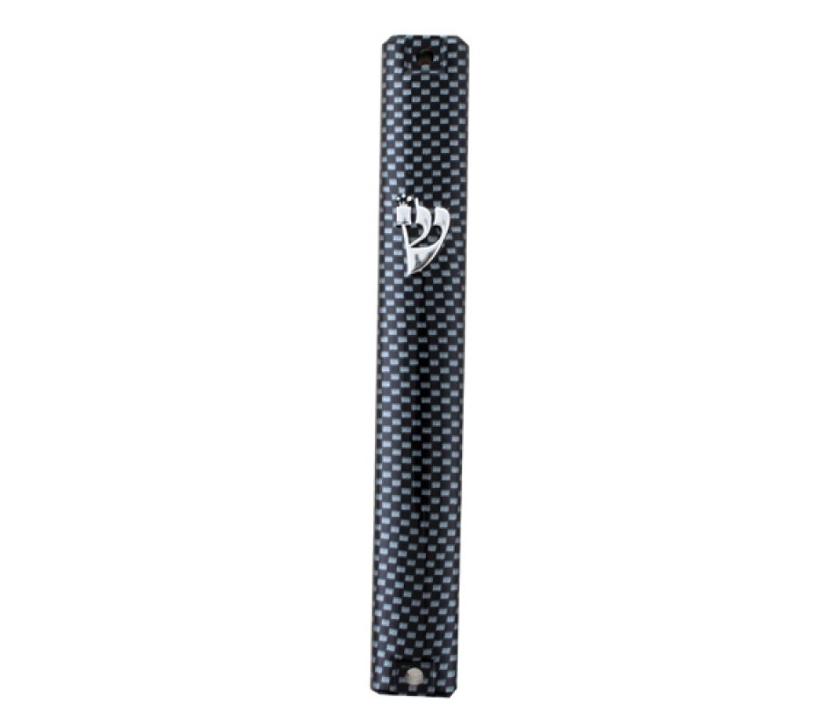 Metallic Look Mezuzah Case with Gray-Black Checkered Motif – Silver Shin