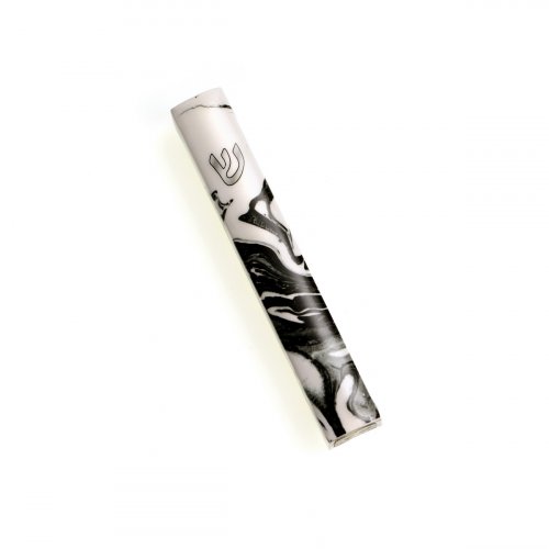 Mezuzah Case, Black and White Wave Design with Silver Shin - for 12 cm Scroll