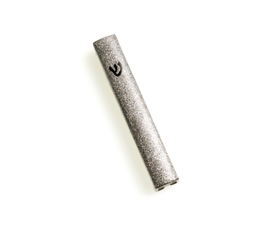 Mezuzah Case, Sparkling Silver with Black Shin – for 12 cm Scroll