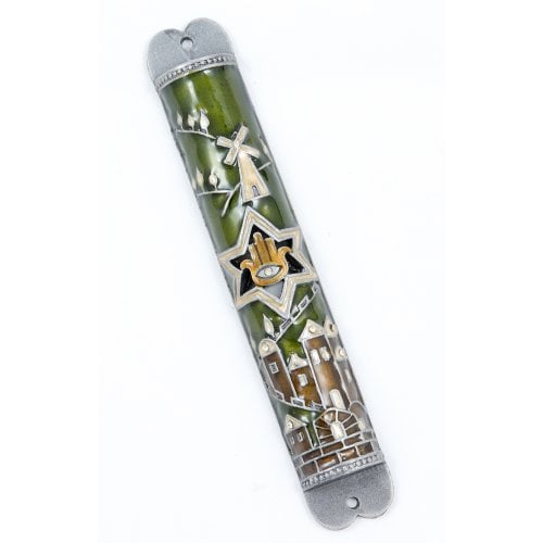 Mezuzah Case with Hamsa, Star of David and Jerusalem Images - Brown and Gold