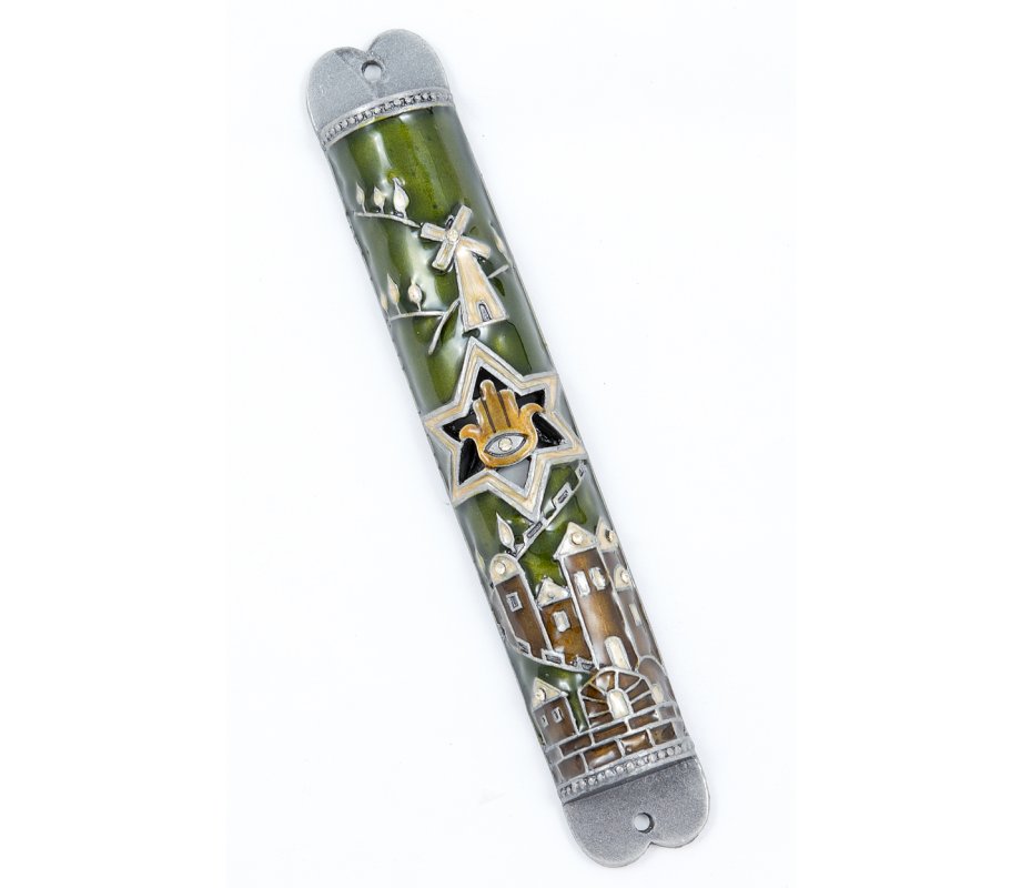 Mezuzah Case with Hamsa, Star of David and Jerusalem Images - Brown and Gold