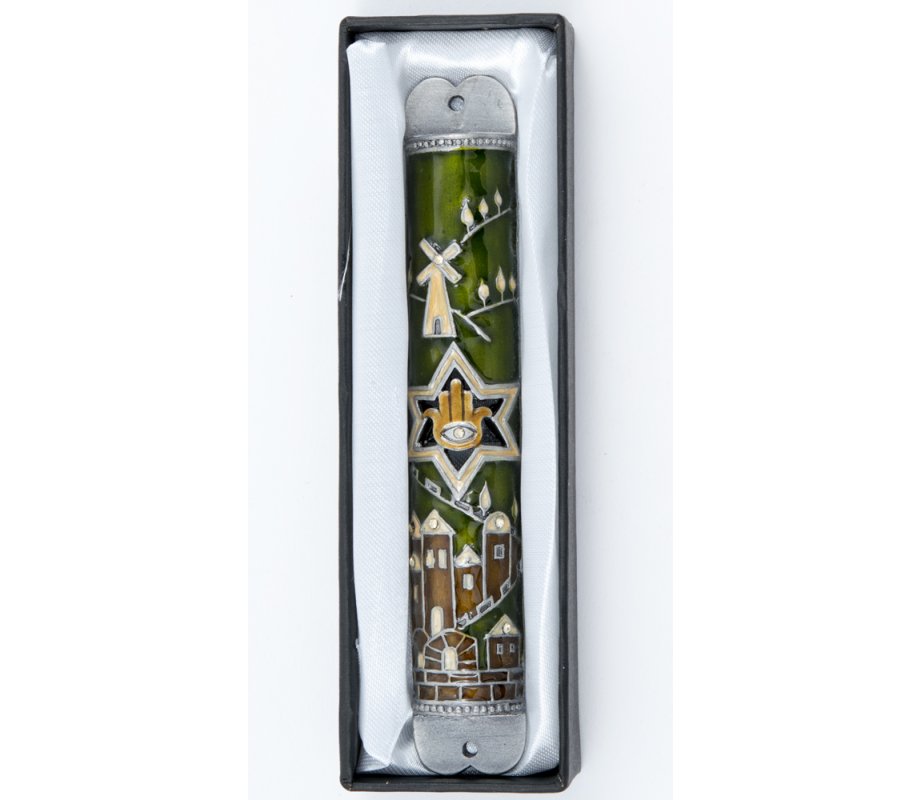 Mezuzah Case with Hamsa, Star of David and Jerusalem Images - Brown and Gold