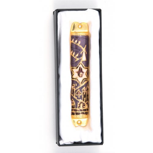 Mezuzah Case with Hamsa, Star of David and Jerusalem Images - Gold and Purple