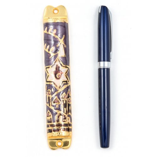 Mezuzah Case with Hamsa, Star of David and Jerusalem Images - Gold and Purple