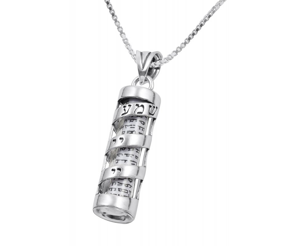 Mezuzah Necklace Pendant Spiral Hebrew Shema Yisrael in Sterling Silver