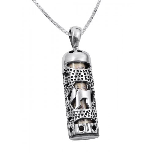 Mezuzah Necklace Pendant in Sterling Silver with Cut Out Chai