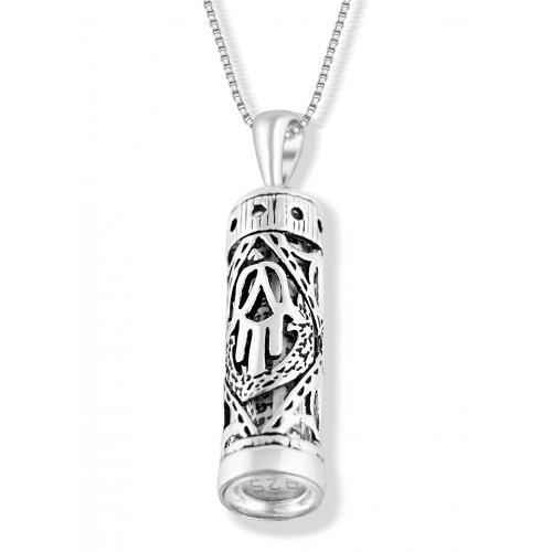 Mezuzah Necklace Pendant in Sterling Silver with Cut Out Hamsa Hand