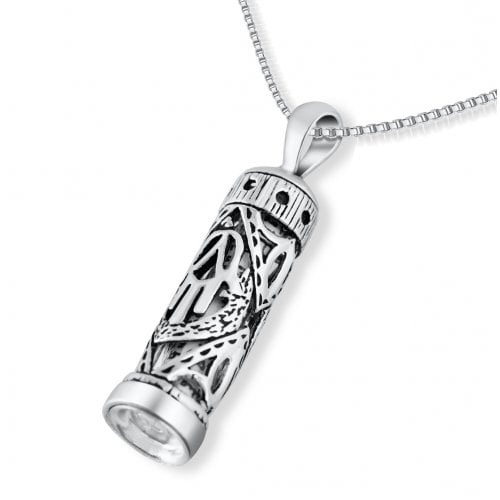 Mezuzah Necklace Pendant in Sterling Silver with Cut Out Hamsa Hand