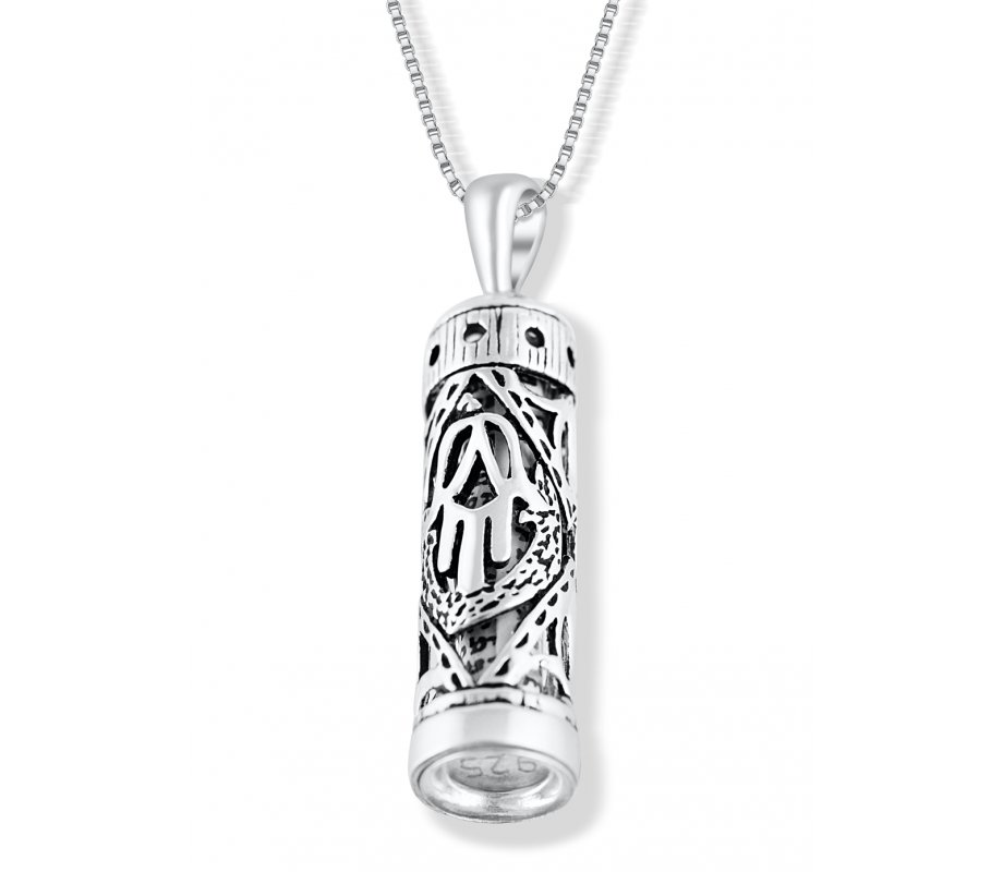Mezuzah Necklace Pendant in Sterling Silver with Cut Out Hamsa Hand