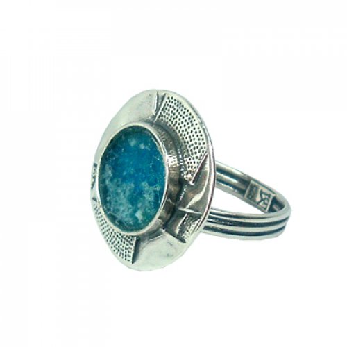 Michal Kirat Adjustable Ring with Circular Roman Glass in Dotted Silver Frame