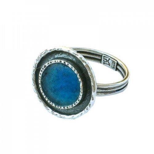 Michal Kirat Adjustable Ring with Circular Roman Glass in Sterling Silver Frame