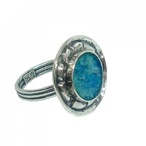 Michal Kirat Adjustable Ring with Circular Roman Glass in Textured Silver Frame