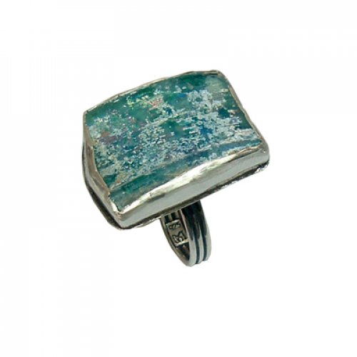 Michal Kirat Adjustable Ring with Roman Glass in Sterling Silver Frame