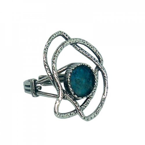 Michal Kirat Adjustable Ring with Round Roman Glass in Sterling Silver Bird Image
