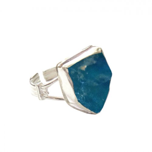 Michal Kirat Adjustable Ring with Shield Shaped Roman Glass and Sterling Silver