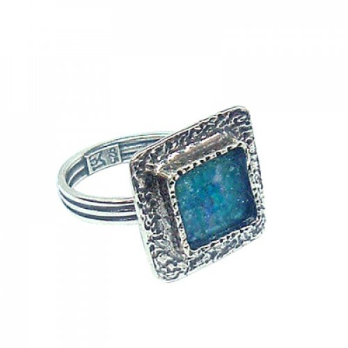 Michal Kirat Adjustable Ring with Square Roman Glass in Sterling Silver Frame