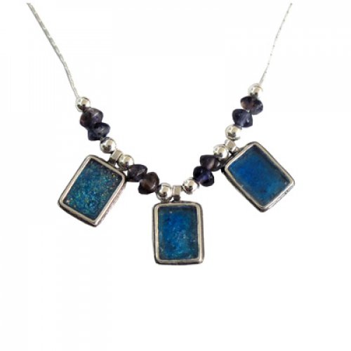 Michal Kirat Ayolite Beads on Silver Necklace with Three Roman Glass Pendants