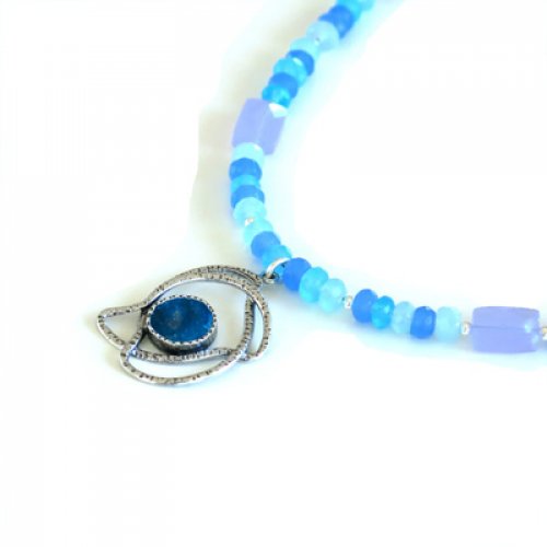 Michal Kirat Blue Crystal Necklace with Roman Glass in Silver Bird Pendant