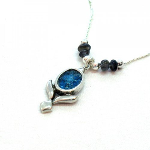 Michal Kirat Blue Lolite Beads Silver Necklace with Roman Glass Flower Pendant
