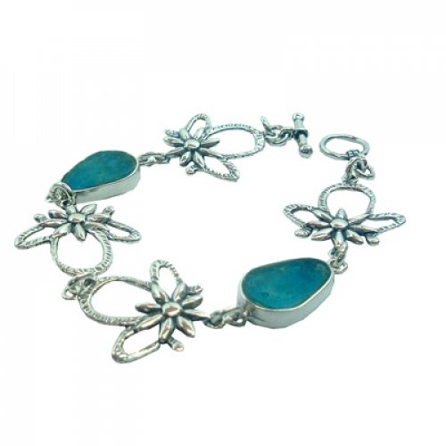Michal Kirat Bracelet, Hammered Sterling Silver Flowers with Roman Glass Dewdrops