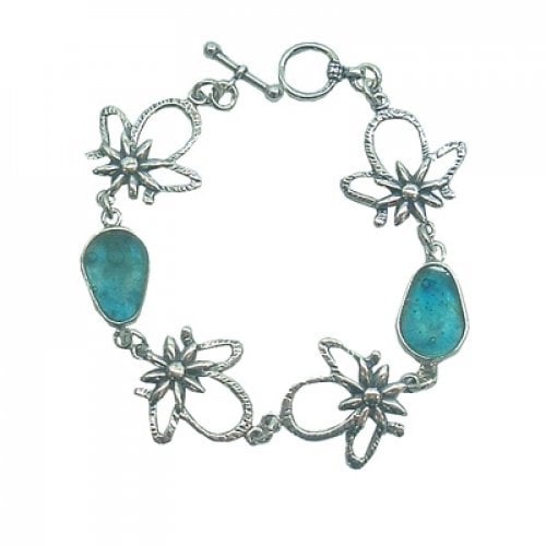 Michal Kirat Bracelet, Hammered Sterling Silver Flowers with Roman Glass Dewdrops