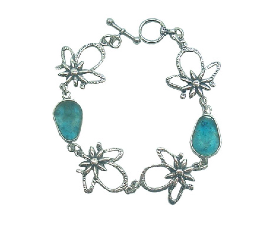 Michal Kirat Bracelet, Hammered Sterling Silver Flowers with Roman Glass Dewdrops