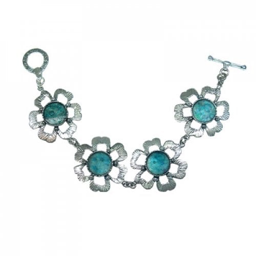 Michal Kirat Bracelet with Roman Glass Set in Hammered Sterling Silver Flowers