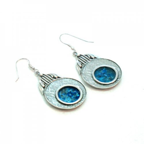 Michal Kirat Drop Earrings with Round Roman Glass and Textured Sterling Silver