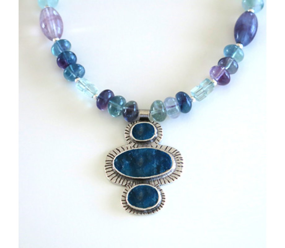 Michal Kirat Fluorite Beads Silver Necklace with Three Roman Glass Pendants