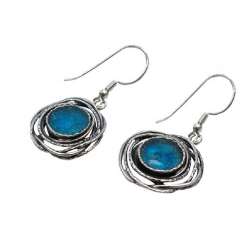 Michal Kirat Framed Roman Glass Earrings Set in Sterling Silver Birds Nest Design