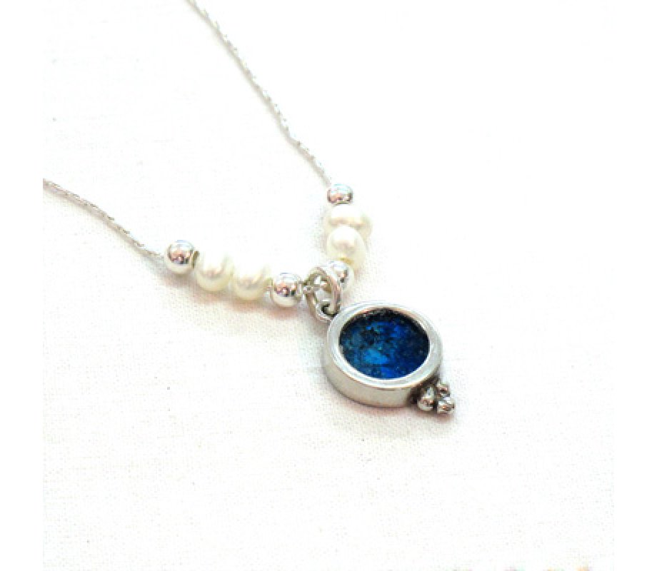 Michal Kirat Freshwater Pearls Necklace with Silver Framed Roman Glass Pendant