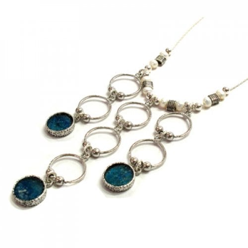 Michal Kirat Freshwater Pearls Necklace with Silver Loops and Roman Glass Pendants