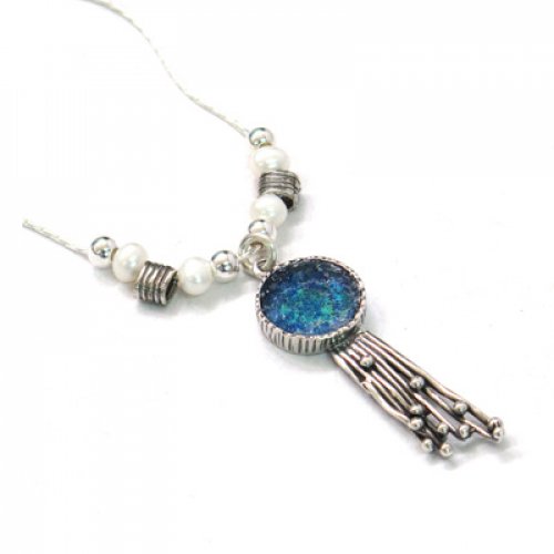 Michal Kirat Freshwater Pearls Silver Necklace - Roman Glass and Waterfall Pendant