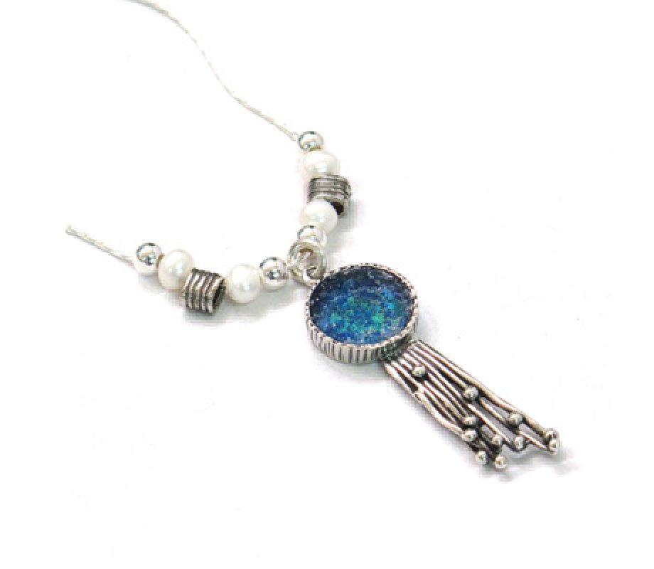 Michal Kirat Freshwater Pearls Silver Necklace - Roman Glass and Waterfall Pendant