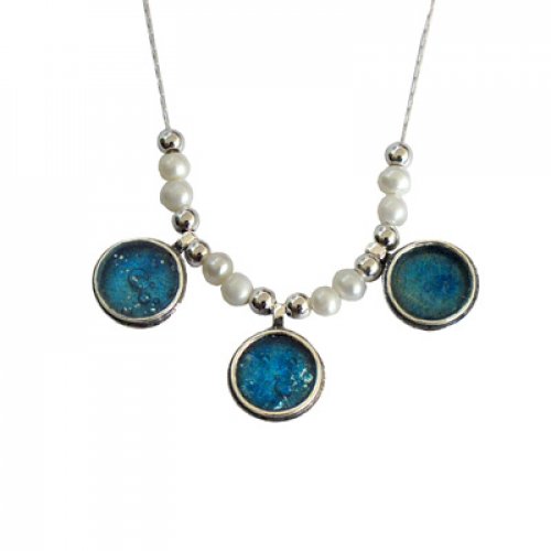Michal Kirat Freshwater Pearls Silver Necklace with Three Roman Glass Pendants