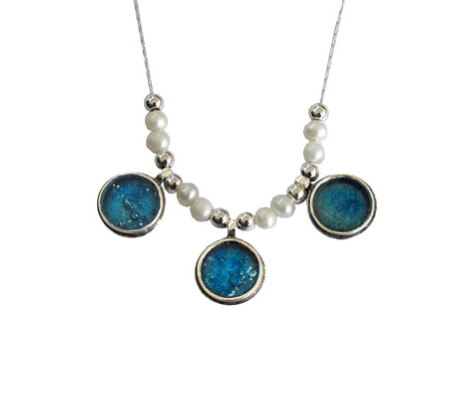 Michal Kirat Freshwater Pearls Silver Necklace with Three Roman Glass Pendants