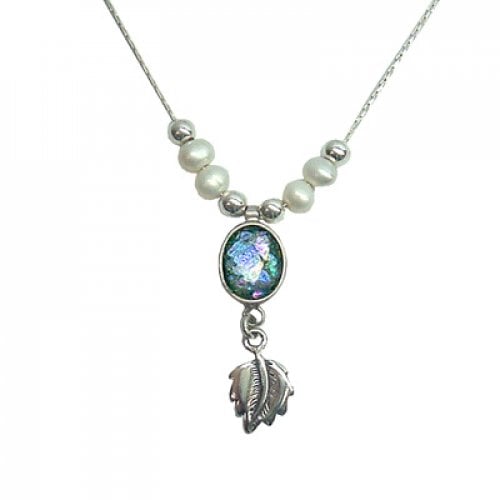 Michal Kirat Freshwater Pearls on Silver Chain with Roman Glass Pendant and Decorative Leaf