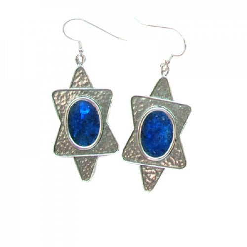 Michal Kirat Hammered Sterling Silver Star of David Drop Earrings - Roman Glass