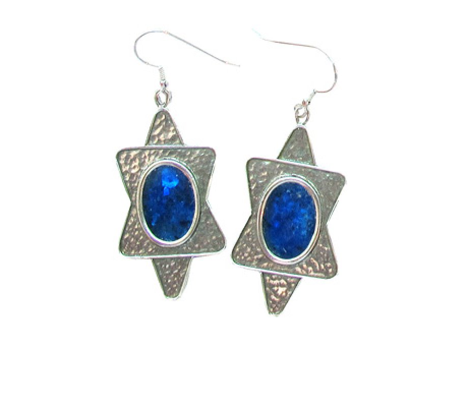 Michal Kirat Hammered Sterling Silver Star of David Drop Earrings - Roman Glass
