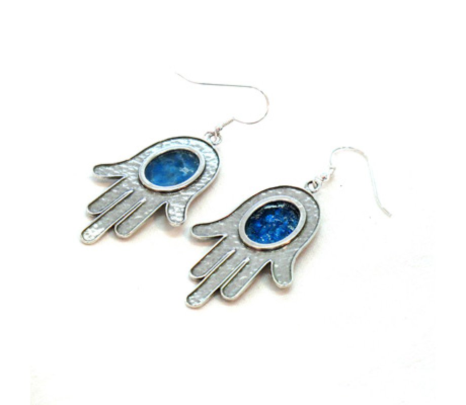 Michal Kirat Hamsa Good Luck Silver Drop Earrings with Roman Glass Center